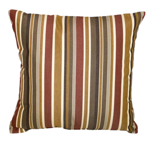 Striped accent pillow in brown, red, and beige – reversible, weather-resistant, and overstuffed with polyester fill for durable comfort indoors or outdoors.