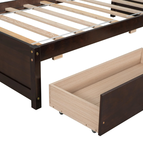 Modern brown twin platform bed with two under-bed storage drawers, no box spring needed – compact design for kids, teens, or small bedrooms.