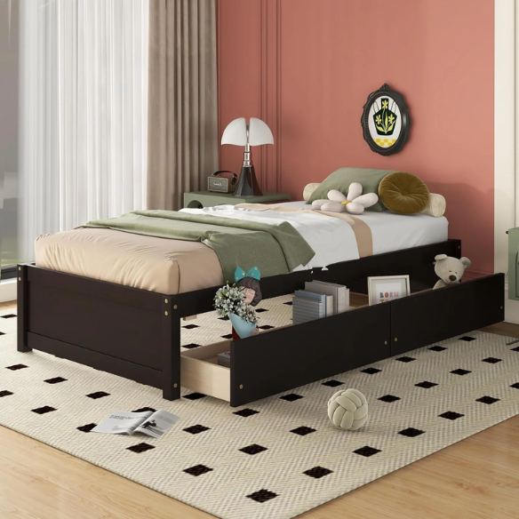 Modern brown twin platform bed with two under-bed storage drawers, no box spring needed – compact design for kids, teens, or small bedrooms.