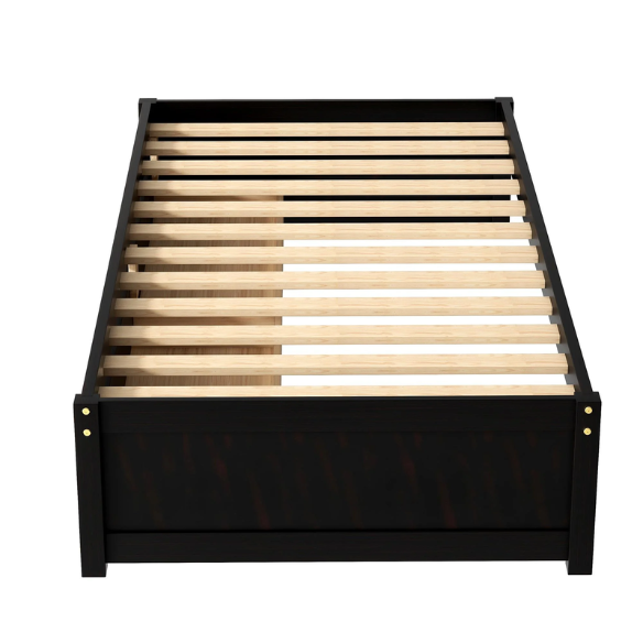 Modern brown twin platform bed with two under-bed storage drawers, no box spring needed – compact design for kids, teens, or small bedrooms.