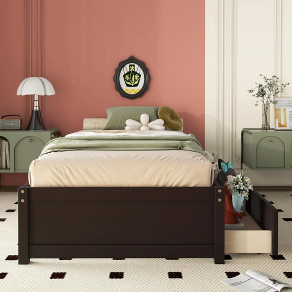 Modern brown twin platform bed with two under-bed storage drawers, no box spring needed – compact design for kids, teens, or small bedrooms.
