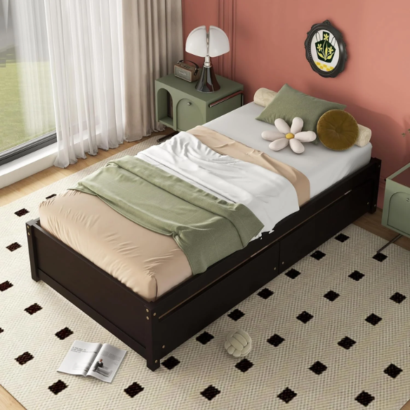 Modern brown twin platform bed with two under-bed storage drawers, no box spring needed – compact design for kids, teens, or small bedrooms.