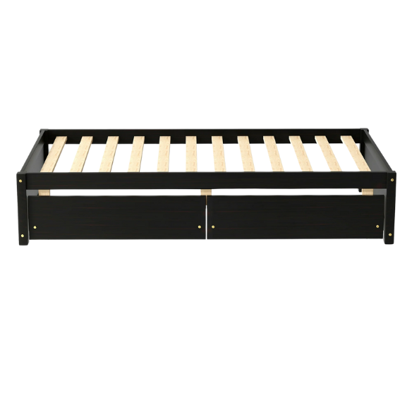 Modern brown twin platform bed with two under-bed storage drawers, no box spring needed – compact design for kids, teens, or small bedrooms.