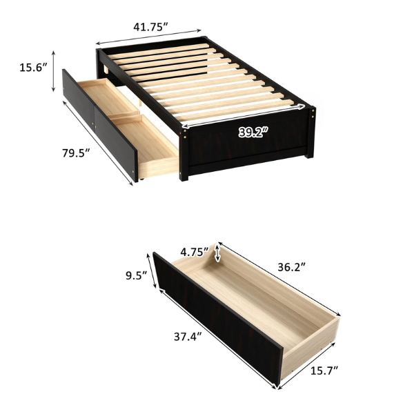Modern brown twin platform bed with two under-bed storage drawers, no box spring needed – compact design for kids, teens, or small bedrooms.