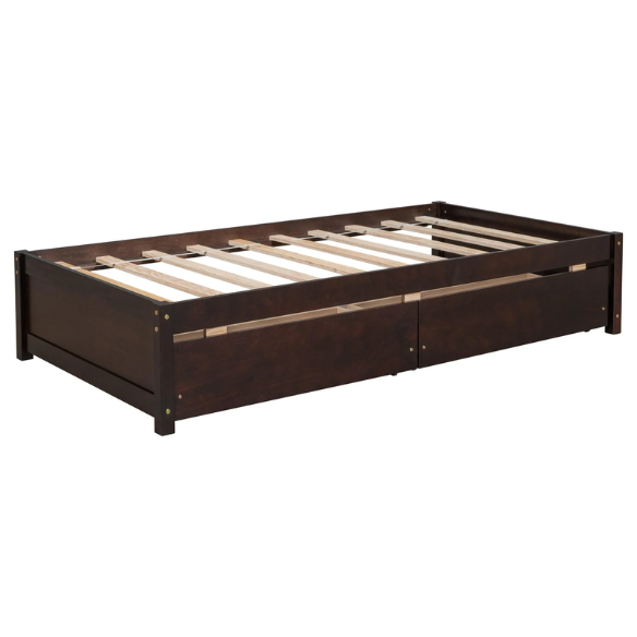 Modern brown twin platform bed with two under-bed storage drawers, no box spring needed – compact design for kids, teens, or small bedrooms.