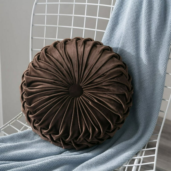 Brown Velvet Round Throw Pillow with Ribbed Edges and Button Detail, Elegant Decorative Cushion for Home Decor, Soft Cotton Fill
