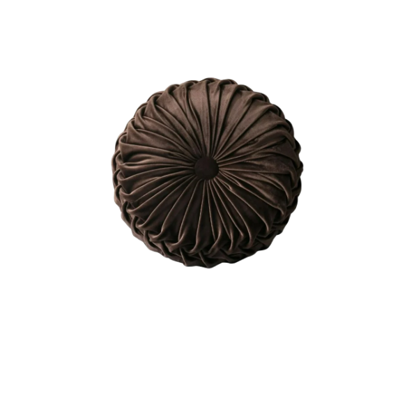Brown Velvet Round Throw Pillow with Ribbed Edges and Button Detail, Elegant Decorative Cushion for Home Decor, Soft Cotton Fill