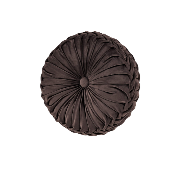 Brown Velvet Round Throw Pillow with Ribbed Edges and Button Detail, Elegant Decorative Cushion for Home Decor, Soft Cotton Fill