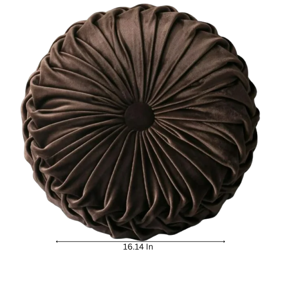 Brown Velvet Round Throw Pillow with Ribbed Edges and Button Detail, Elegant Decorative Cushion for Home Decor, Soft Cotton Fill