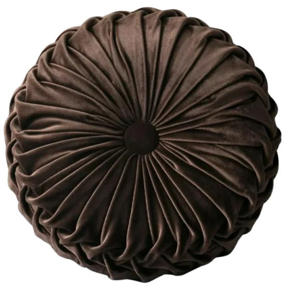 Brown Velvet Round Throw Pillow with Ribbed Edges and Button Detail, Elegant Decorative Cushion for Home Decor, Soft Cotton Fill