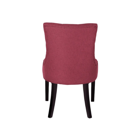 Set of four burgundy upholstered dining chairs featuring diamond tufted backs, armless design, sloped arms, and espresso brown wooden legs.
