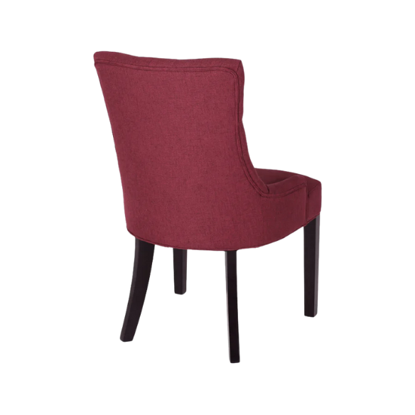 Set of four burgundy upholstered dining chairs featuring diamond tufted backs, armless design, sloped arms, and espresso brown wooden legs.