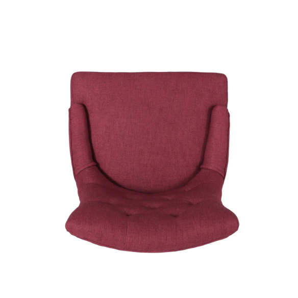 Set of four burgundy upholstered dining chairs featuring diamond tufted backs, armless design, sloped arms, and espresso brown wooden legs.