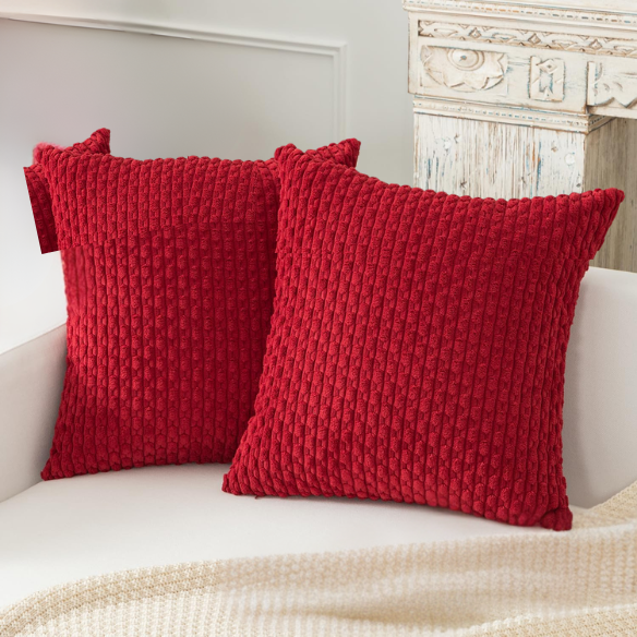 Burgundy striped corduroy throw pillow cover, modern and boho design, machine washable, with zipper closure, perfect for home décor, sofa, or bedroom.