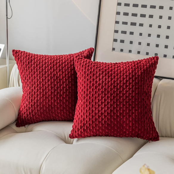 Burgundy striped corduroy throw pillow cover, modern and boho design, machine washable, with zipper closure, perfect for home décor, sofa, or bedroom.