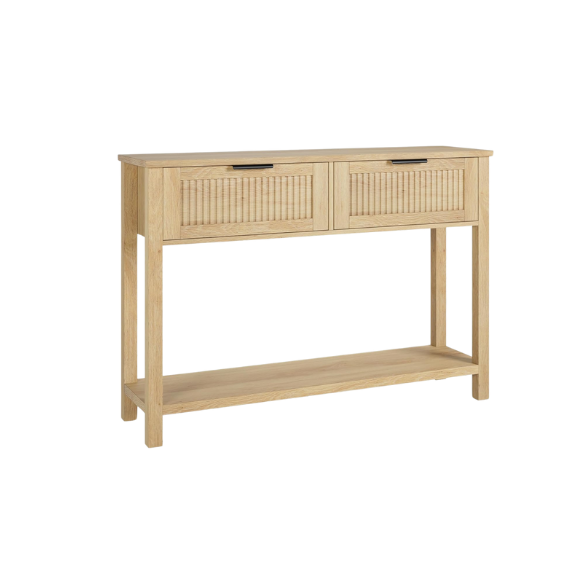 Burlywood console table with storage drawers, perfect for entryway, hallway, or living room décor.