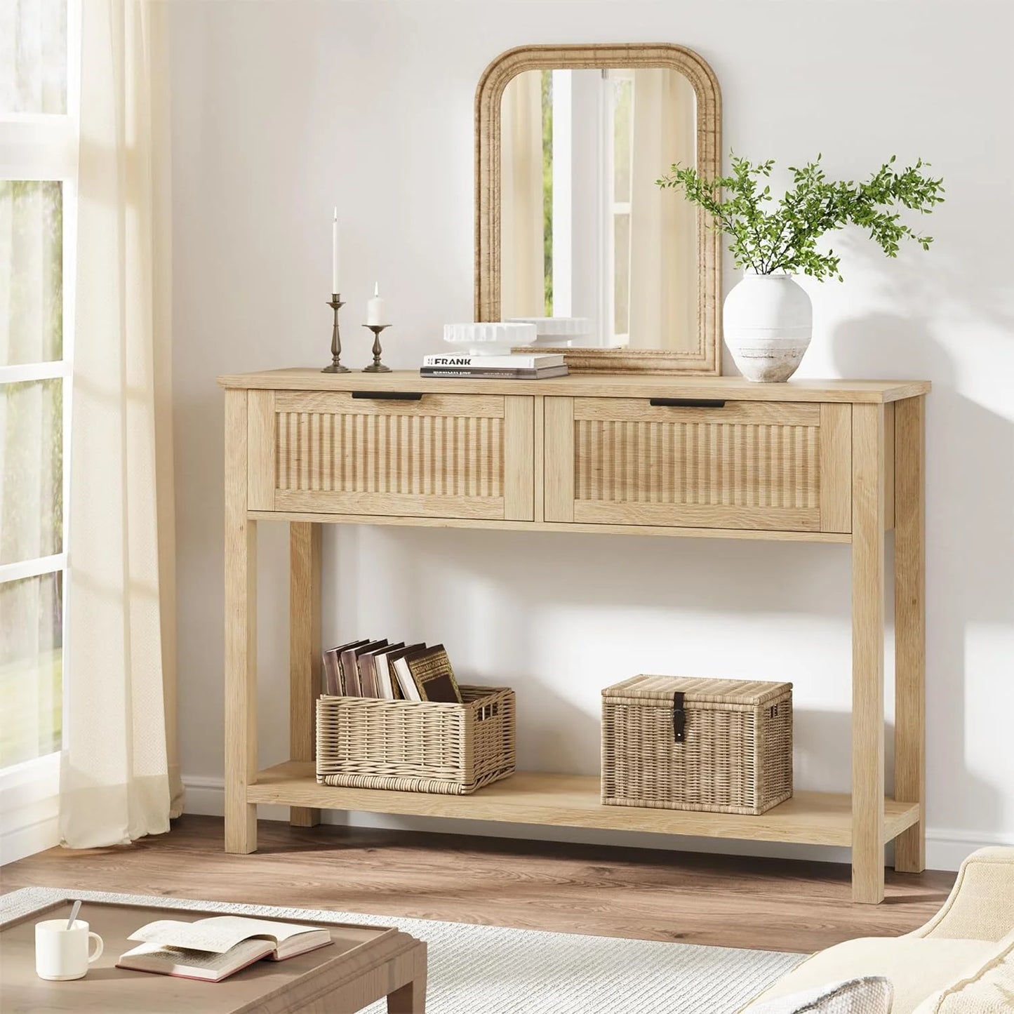 Burlywood console table with storage drawers, perfect for entryway, hallway, or living room décor.