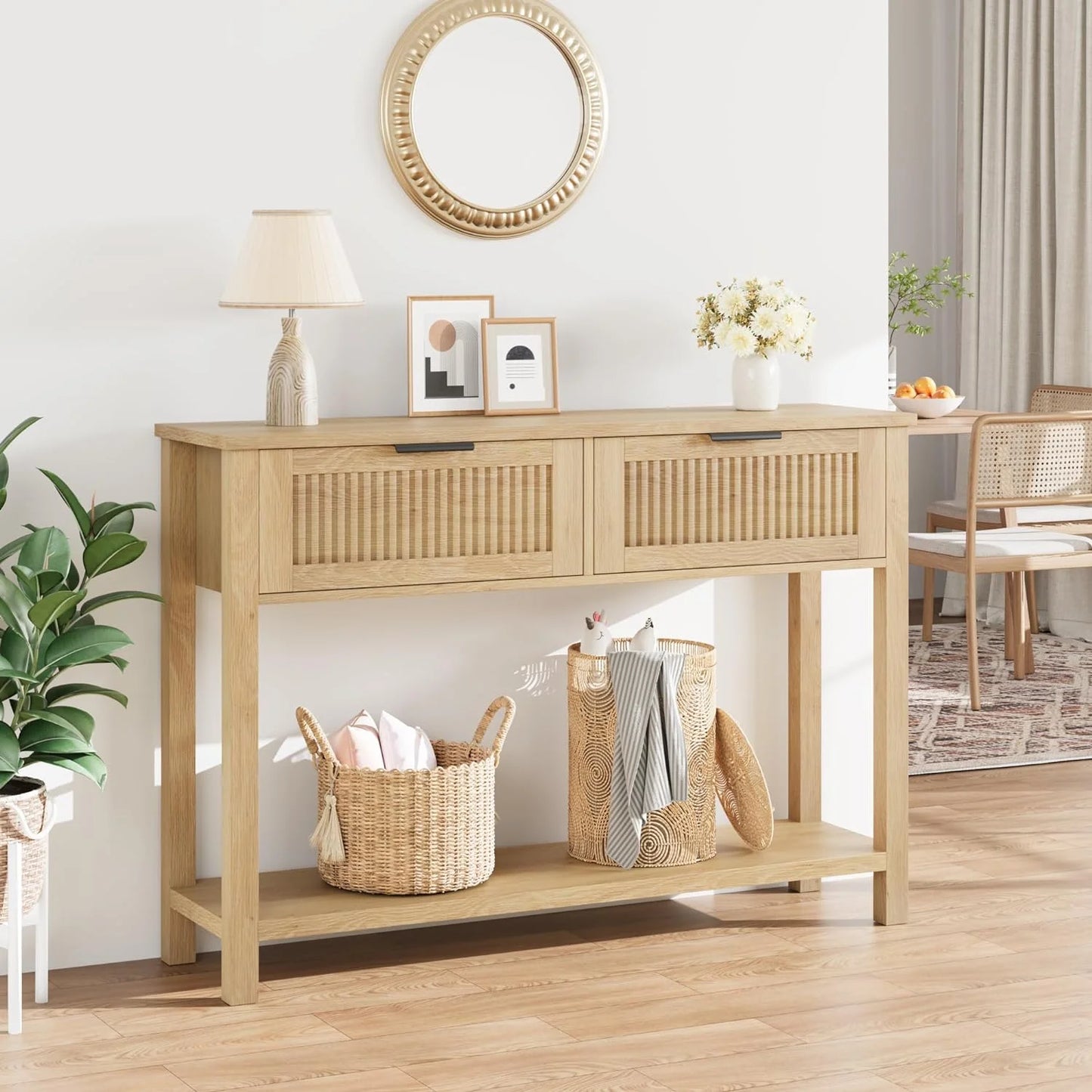Burlywood console table with storage drawers, perfect for entryway, hallway, or living room décor.