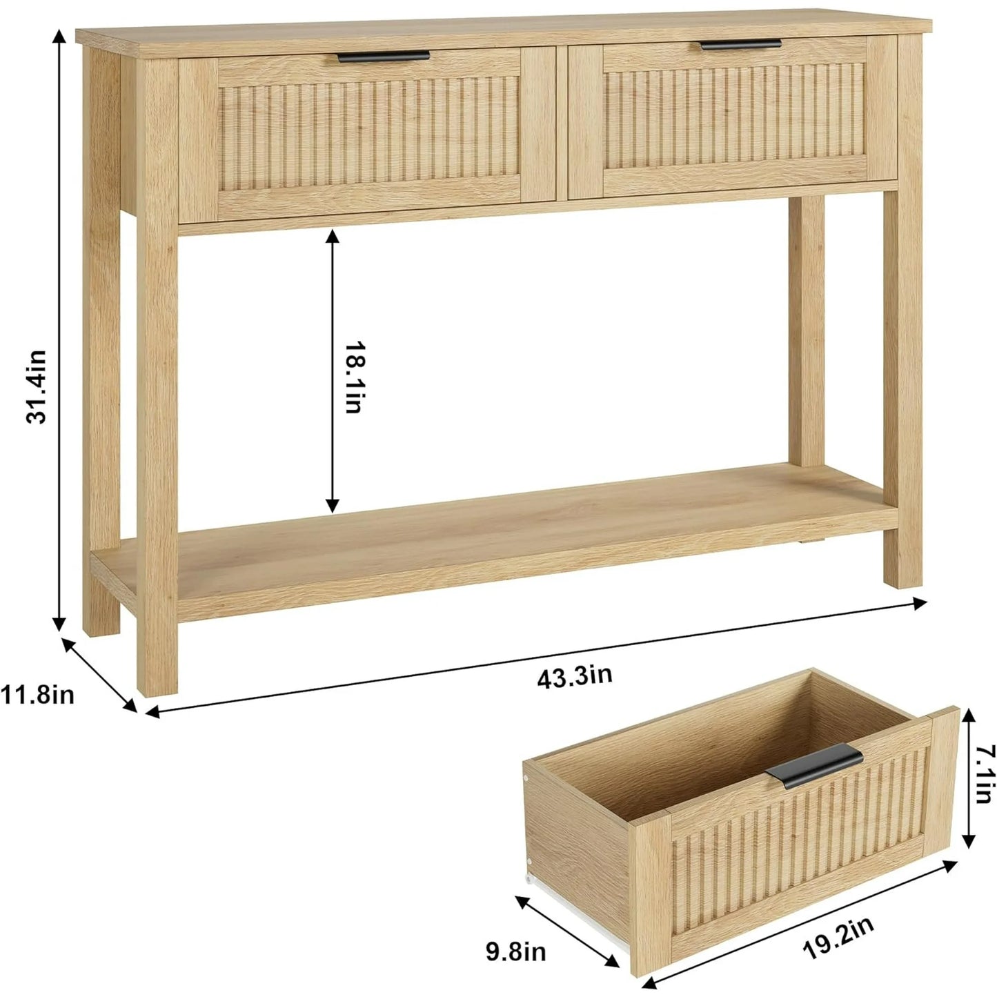 Burlywood console table with storage drawers, perfect for entryway, hallway, or living room décor.
