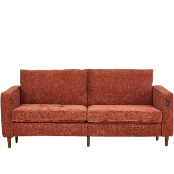 Burnt orange chenille loveseat with tufted back, square arms, wood legs, USB charging ports, and removable washable cushions—ideal for bold, modern living spaces