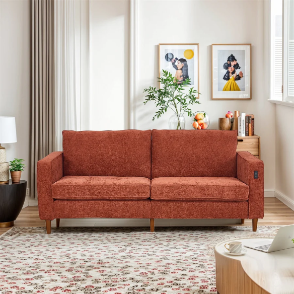 Burnt orange chenille loveseat with tufted back, square arms, wood legs, USB charging ports, and removable washable cushions—ideal for bold, modern living spaces