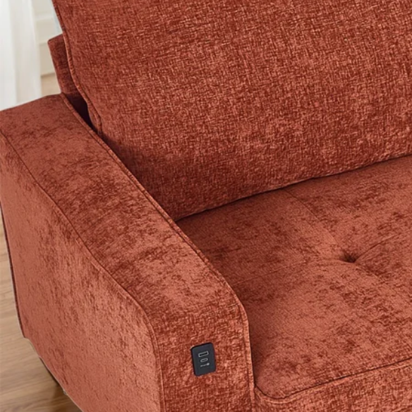 Burnt orange chenille loveseat with tufted back, square arms, wood legs, USB charging ports, and removable washable cushions—ideal for bold, modern living spaces