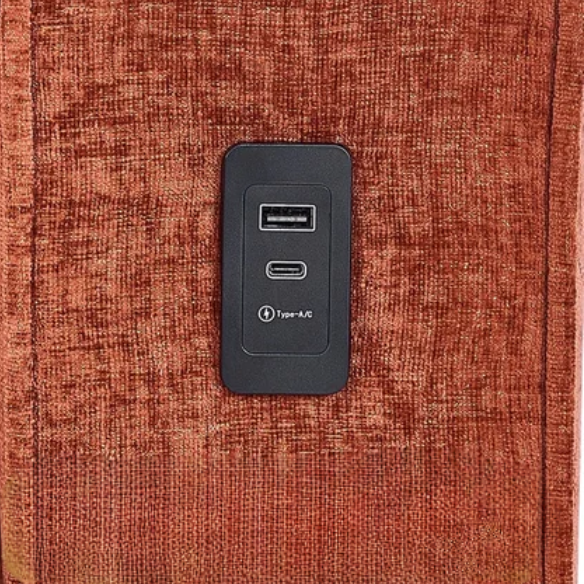 Burnt orange chenille loveseat with tufted back, square arms, wood legs, USB charging ports, and removable washable cushions—ideal for bold, modern living spaces