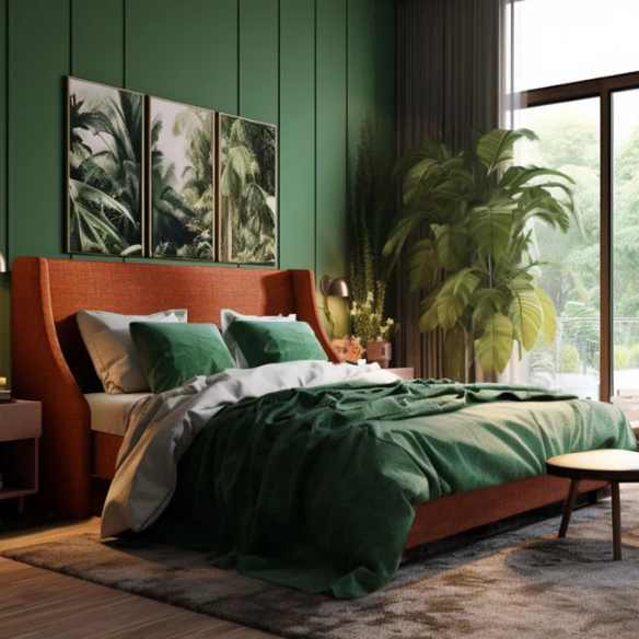 Burnt orange upholstered queen platform bed with wingback headboard, tapered legs, and slatted base – no box spring required