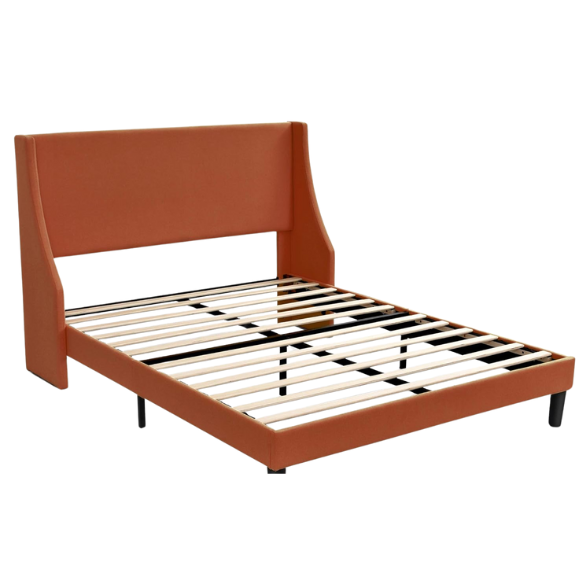 Burnt orange upholstered queen platform bed with wingback headboard, tapered legs, and slatted base – no box spring required