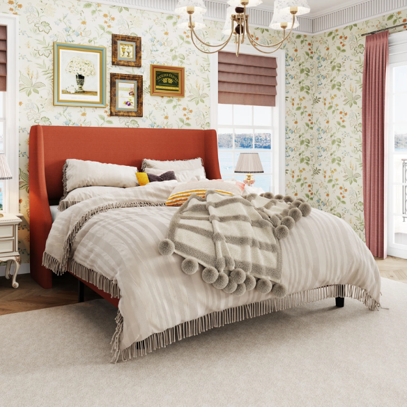 Burnt orange upholstered queen platform bed with wingback headboard, tapered legs, and slatted base – no box spring required