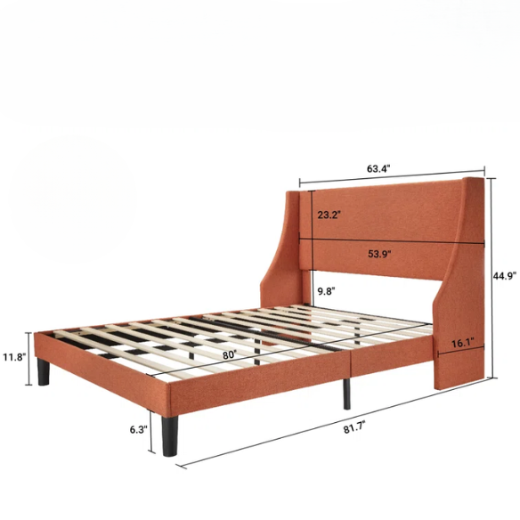 Burnt orange upholstered queen platform bed with wingback headboard, tapered legs, and slatted base – no box spring required
