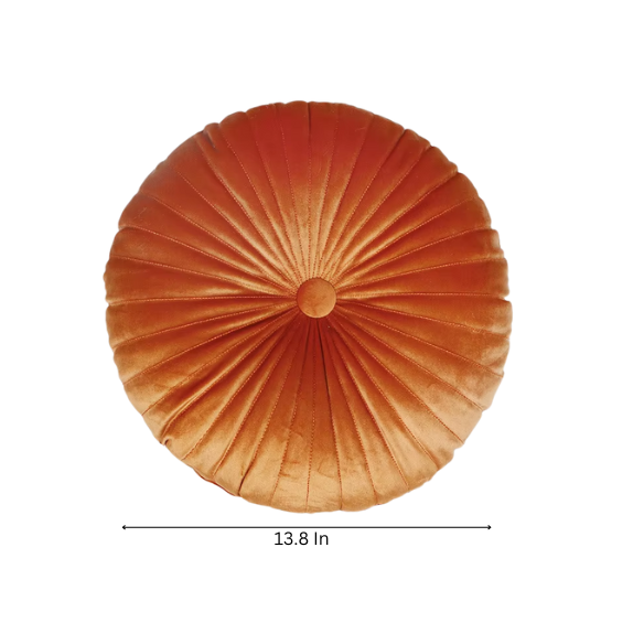 Burnt Orange Velvet Round Throw Pillow with Button Detail – Plush Cotton Fill, Elegant Accent for Home Decor