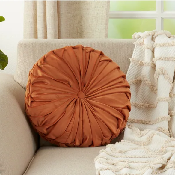 Burnt Orange Velvet Round Throw Pillow with Ribbed Edges – Soft Cotton Fill and Elegant Button Detail for Modern Home Décor