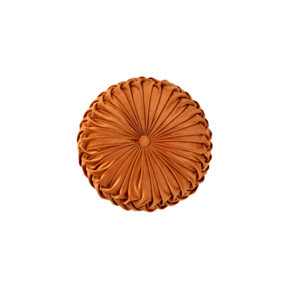 Burnt Orange Velvet Round Throw Pillow with Ribbed Edges – Soft Cotton Fill and Elegant Button Detail for Modern Home Décor