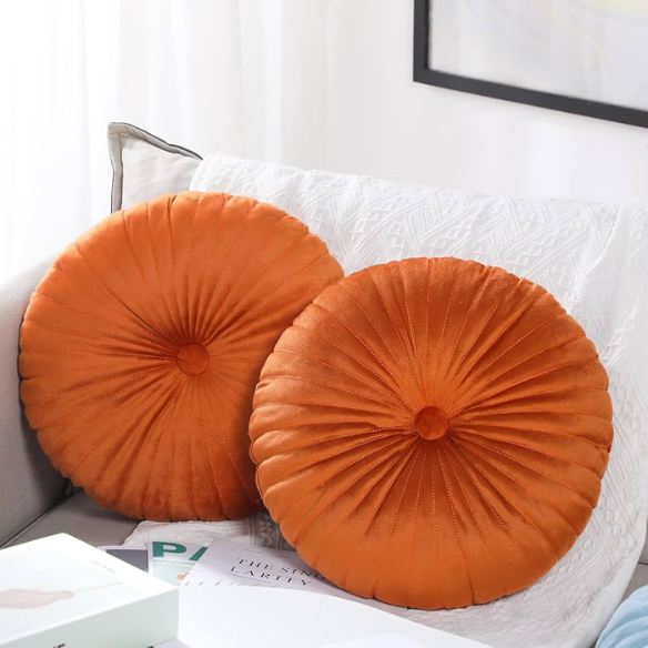 Burnt Orange Velvet Round Throw Pillow with Button Detail – Plush Cotton Fill, Elegant Accent for Home Decor