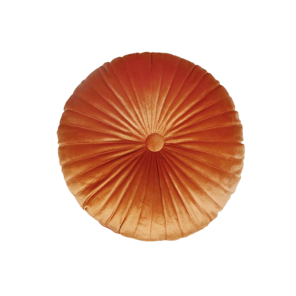 Burnt Orange Velvet Round Throw Pillow with Button Detail – Plush Cotton Fill, Elegant Accent for Home Decor