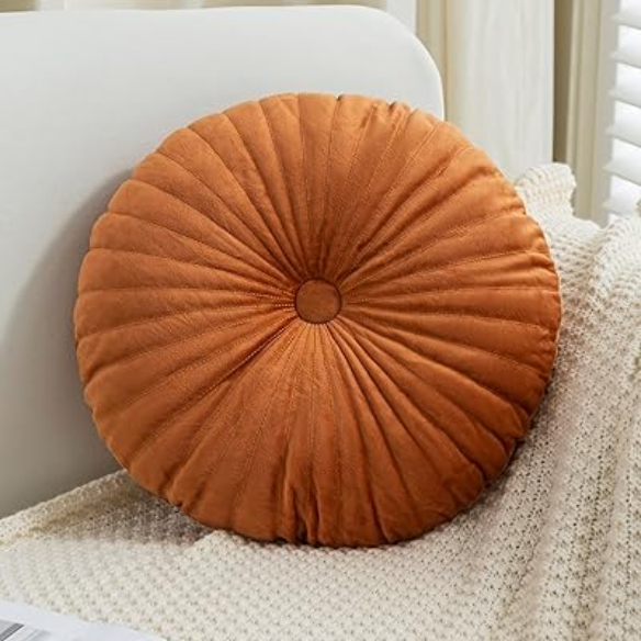 Burnt Orange Velvet Round Throw Pillow with Button Detail – Plush Cotton Fill, Elegant Accent for Home Decor