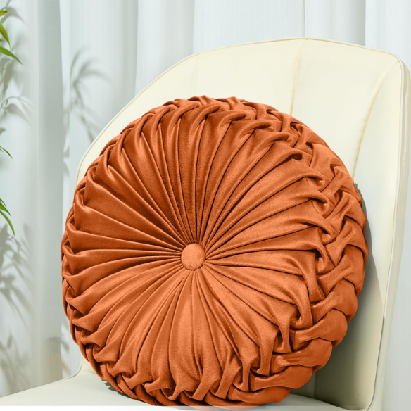 Burnt Orange Velvet Round Throw Pillow with Ribbed Edges – Soft Cotton Fill and Elegant Button Detail for Modern Home Décor