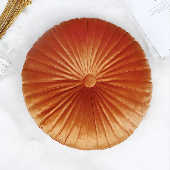Burnt Orange Velvet Round Throw Pillow with Button Detail – Plush Cotton Fill, Elegant Accent for Home Decor