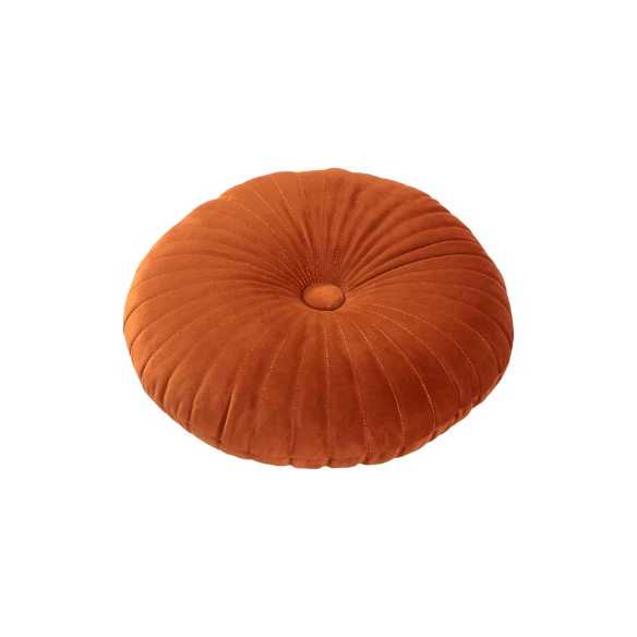 Burnt Orange Velvet Round Throw Pillow with Button Detail – Plush Cotton Fill, Elegant Accent for Home Decor