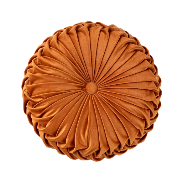 Burnt Orange Velvet Round Throw Pillow with Ribbed Edges – Soft Cotton Fill and Elegant Button Detail for Modern Home Décor