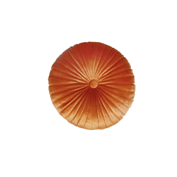 Burnt Orange Velvet Round Throw Pillow with Button Detail – Plush Cotton Fill, Elegant Accent for Home Decor
