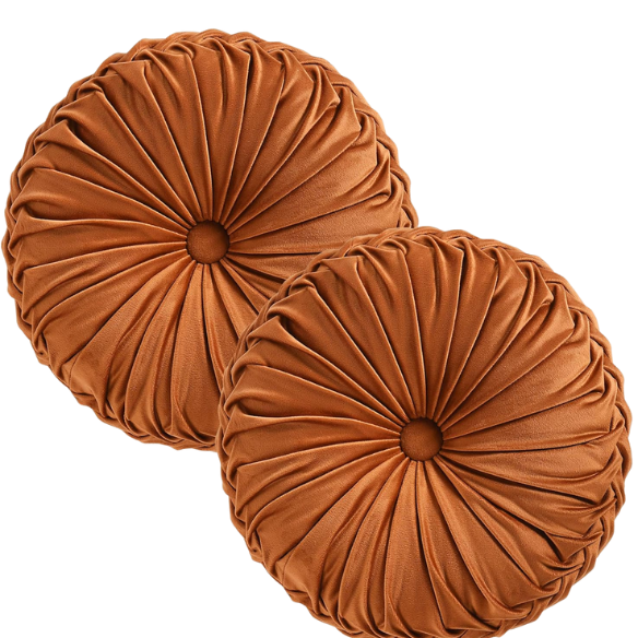 Set of 2 burnt orange pleated velvet round throw pillows with button tufted center – 14.5 inch pumpkin-style decorative cushions for sofa, bed, or cozy nook