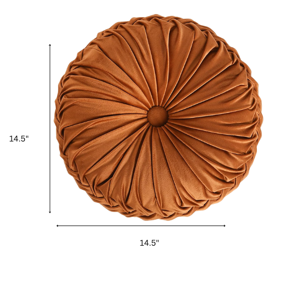 Set of 2 burnt orange pleated velvet round throw pillows with button tufted center – 14.5 inch pumpkin-style decorative cushions for sofa, bed, or cozy nook