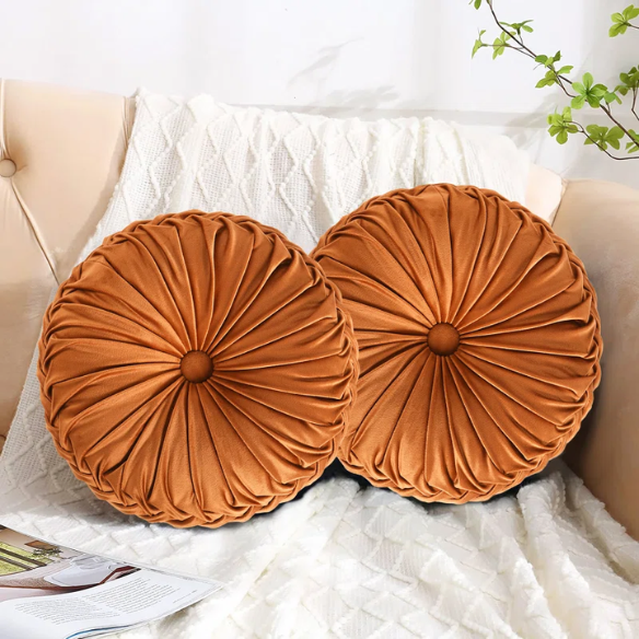 Set of 2 burnt orange pleated velvet round throw pillows with button tufted center – 14.5 inch pumpkin-style decorative cushions for sofa, bed, or cozy nook