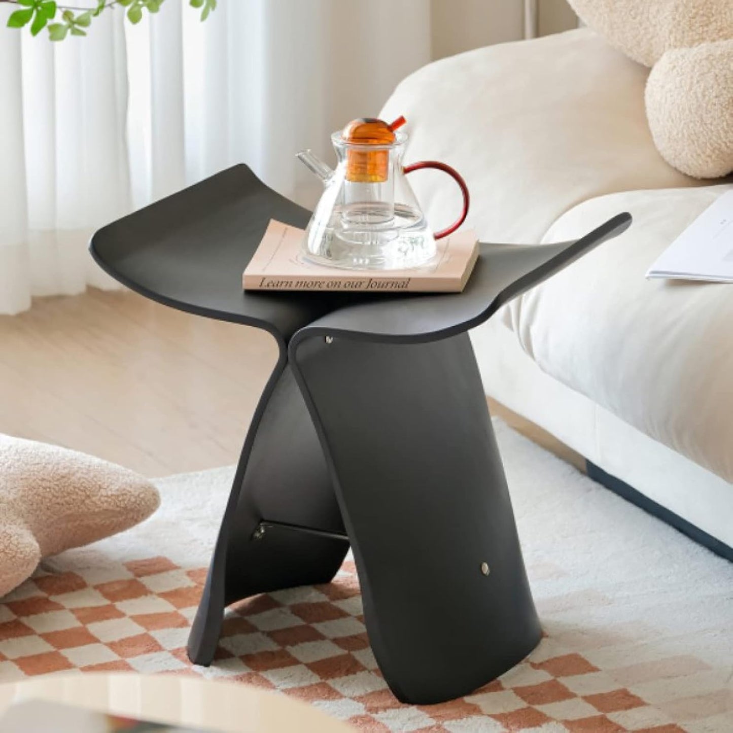 Stylish butterfly design bar stool with wooden frame and eco-friendly materials, available in black, walnut, and log colors.