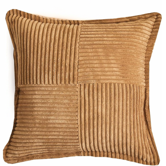 Camel corduroy throw pillow cover with geometric stripes, 45x45 cm, modern and stylish design for home décor, eco-friendly and easy to care for, suitable for living room, bedroom, office, and outdoor use.