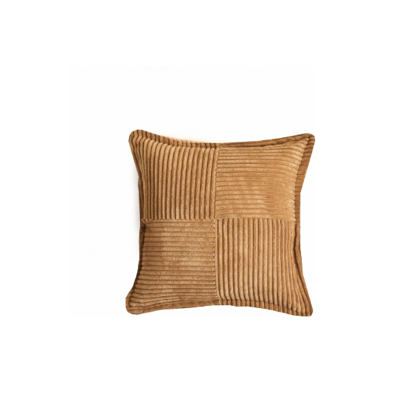 Camel corduroy throw pillow cover with geometric stripes, 45x45 cm, modern and stylish design for home décor, eco-friendly and easy to care for, suitable for living room, bedroom, office, and outdoor use.