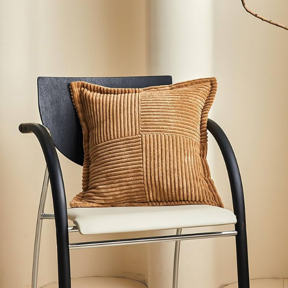 Camel corduroy throw pillow cover with geometric stripes, 45x45 cm, modern and stylish design for home décor, eco-friendly and easy to care for, suitable for living room, bedroom, office, and outdoor use.