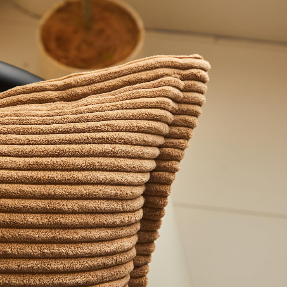 Camel corduroy throw pillow cover with geometric stripes, 45x45 cm, modern and stylish design for home décor, eco-friendly and easy to care for, suitable for living room, bedroom, office, and outdoor use.